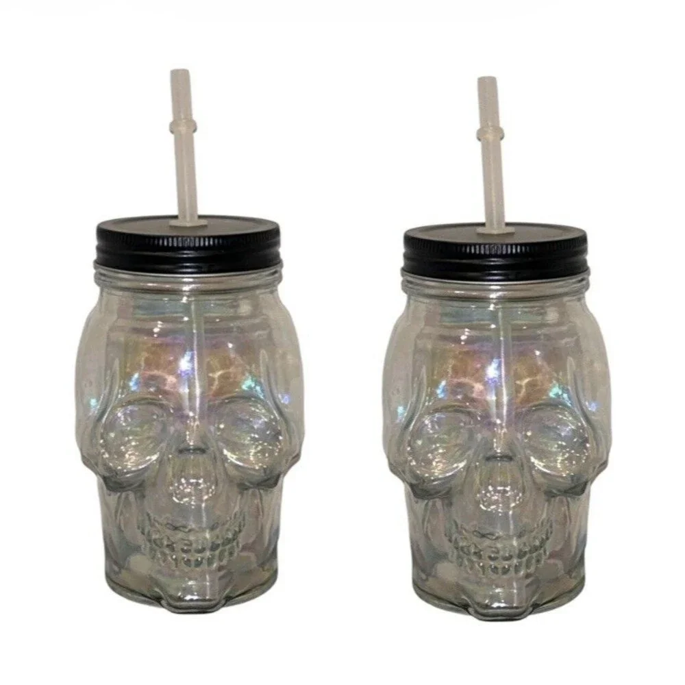2x Halloween Skull Iridescent Glass Mason Jar Cup with Lid and Straw